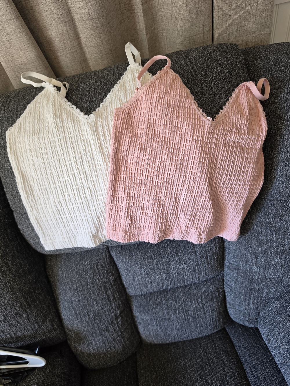 Pink Rose Pink & White Smocked V-Neck Cami Tops